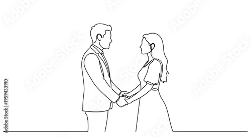 Minimalist line art depicts a couple holding hands, facing each other