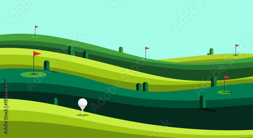 Stylized Minimalist Golf Course Landscape Vector Art with Green Undulating Hills, Red Flags, and a White Golf Ball on a Tee