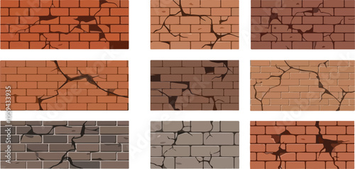 Collection of nine illustrations depicting various brick wall textures with different crack patterns and colors
