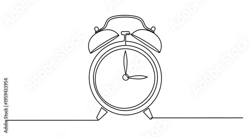 Minimalist line drawing of a classic twin-bell alarm clock on a white background