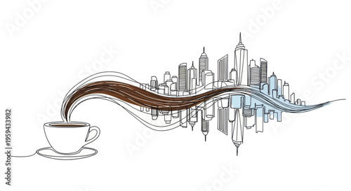 Coffee steam transforms into a flowing cityscape with brown and blue hues