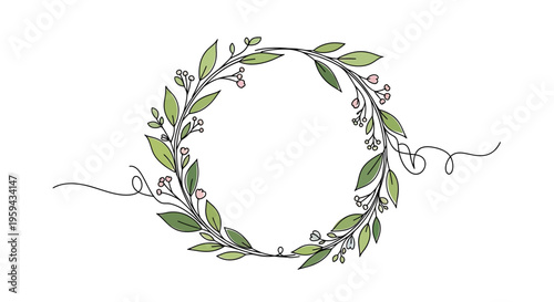 Delicate green foliage and pink buds form a circular wreath with flowing tendrils