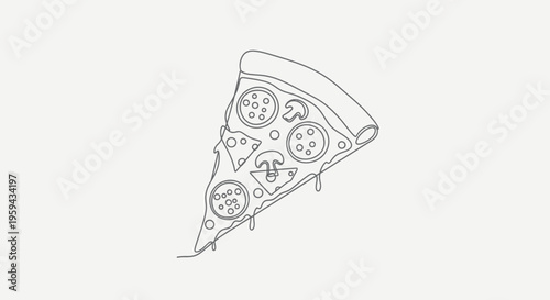 A single grey line drawing of a slice of pizza with toppings