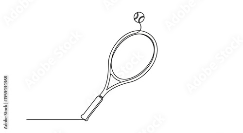 Minimalist single-line drawing of a tennis racket and ball in motion