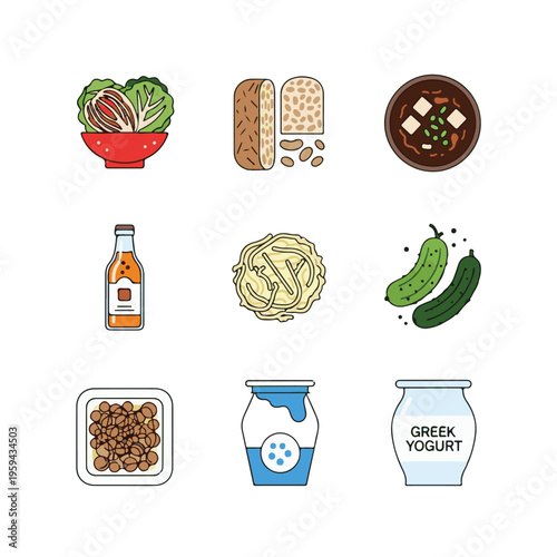 An assortment of popular fermented foods and drinks including kimchi, tempeh, miso, kombucha, sauerkraut, pickles, natto, kefir, and Greek yogurt.