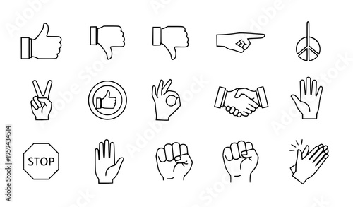 Hand Gesture Line Icon Set with Thumbs Up, Dislike, Peace Sign, Handshake, Stop Sign, and Communication Symbols for User Interaction Vector Design