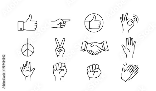 Hand Gesture Line Icon Set with Thumbs Up, Peace Sign, Handshake, OK Symbol, and Communication Gestures for Interaction and User Interface Vector Design
