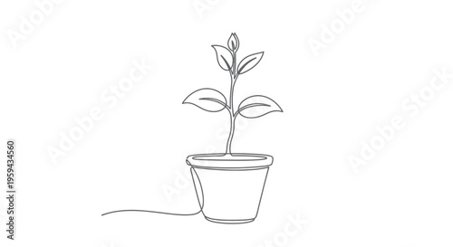 A simple, single-line drawing of a small plant in a pot