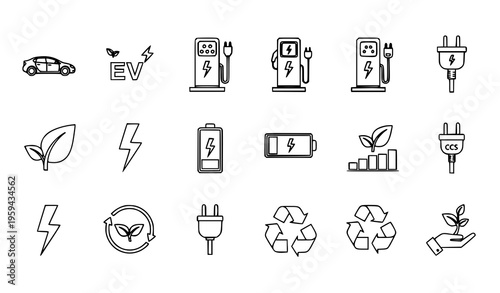 Electric Vehicle and Renewable Energy Line Icon Set with EV Charging, Battery, Plug, Recycling, and Eco Power Symbols for Sustainable Technology Vector Design