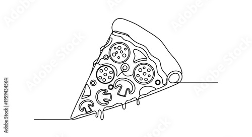 Minimalist outline of a pepperoni and mushroom pizza slice with dripping cheese