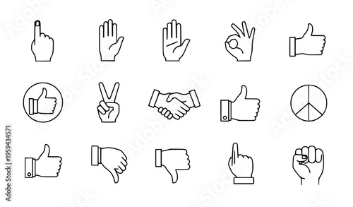 Hand Gesture Line Icon Set with Thumbs Up, Peace Sign, Handshake, Like, Dislike, and Communication Symbols for Interaction and Feedback Vector Design
