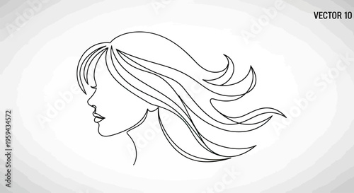 Minimalist black line drawing of a woman's profile with flowing hair