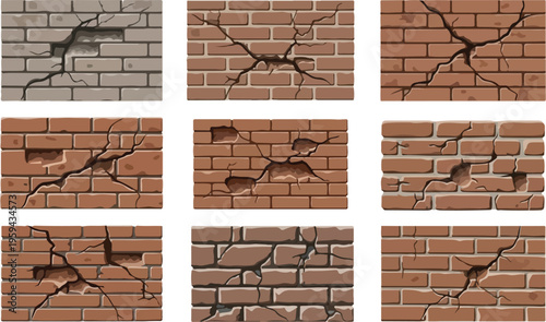 Collection of illustrations of cracked brick walls, showcasing damage and decay in construction