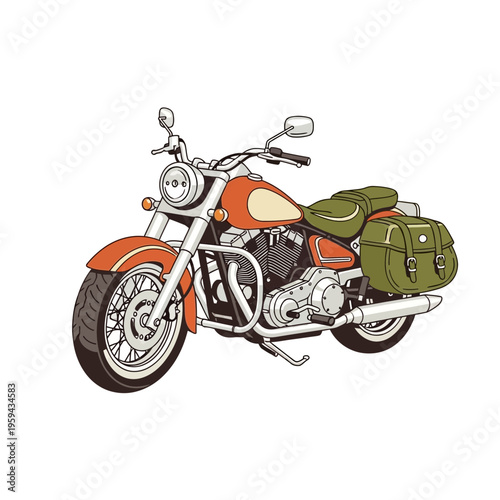 Orange and green cruiser motorcycle with saddlebags, isolated on white.