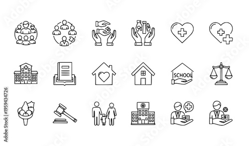 Charity and Donation Icon Set with Helping Hands, Support, Care, Community, and Social Aid Symbols for Nonprofit and Volunteer Vector Design