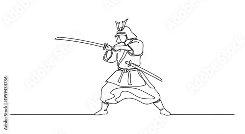 Single line drawing of a samurai warrior in a dynamic stance with drawn sword