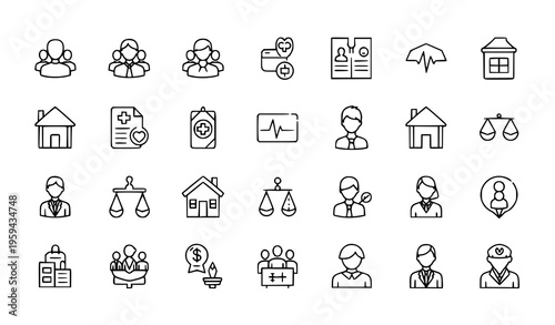 Insurance and Protection Icon Set with Health, Life, Property, Family, and Financial Security Symbols for Risk Management and Safety Vector Design