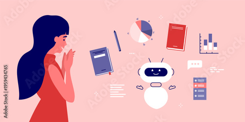 Ai in work process, education, learning, teaching, business. Artificial Intelligence technology. Happy girl using virtual assistant help vector illustration. Search and analysis data ai robot concept