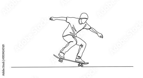 A continuous line drawing of a skateboarder performing a trick