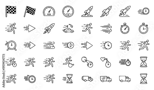 Photos Speed and Racing Icon Set with Fast Motion Arrows, Stopwatch, Rocket, Delivery V