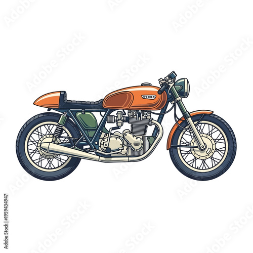 Vintage cafe racer motorcycle, orange and green color scheme, isolated on white background