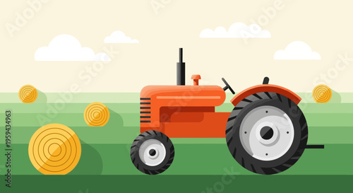 Minimalist Flat Vector Illustration of a Red Vintage Tractor in a Green Field with Round Hay Bales, Agriculture and Farming Concept