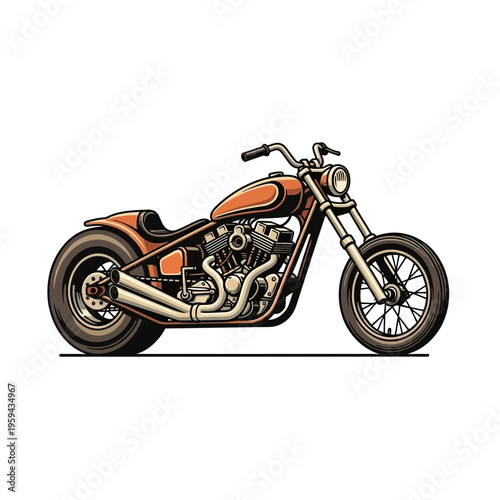 Vintage chopper motorcycle, orange and chrome, isolated on white background