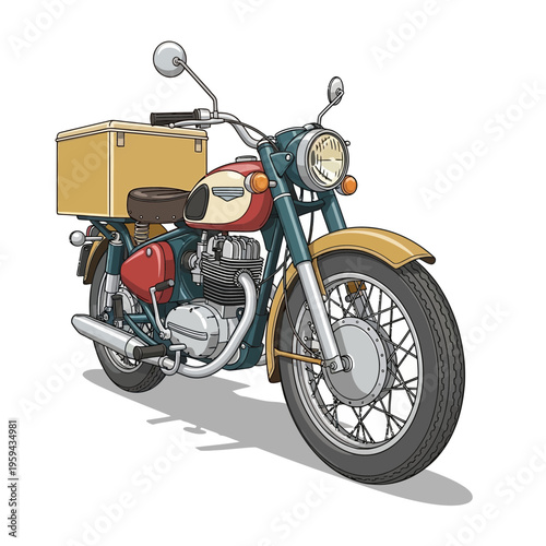 Vintage delivery motorcycle with yellow cargo box, retro style, illustration