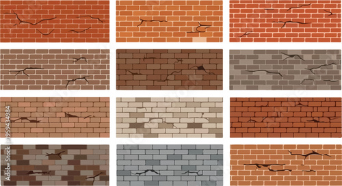 Collection of cracked brick wall textures with various colors and patterns
