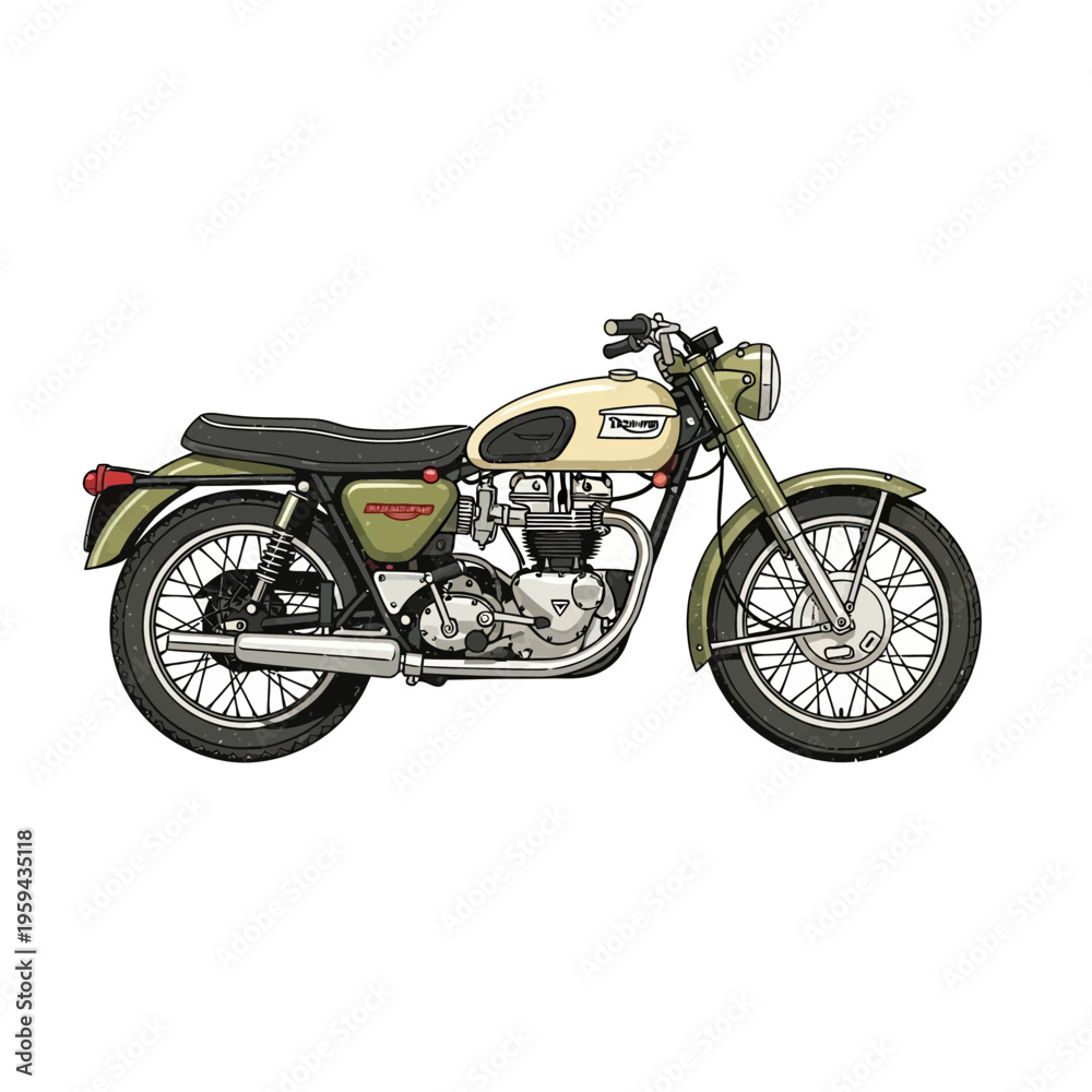 Fototapeta premium Vintage motorcycle illustration, classic motorbike, retro transport, side view, clean background