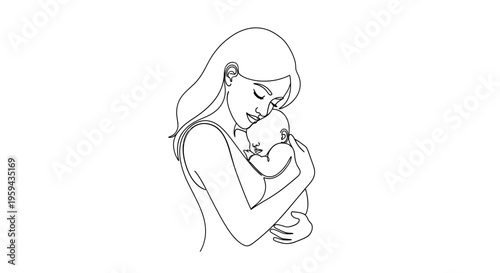 Minimalist line art depicting a mother tenderly holding her infant in her arms
