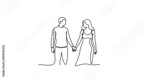 Minimalist black line drawing of a couple holding hands