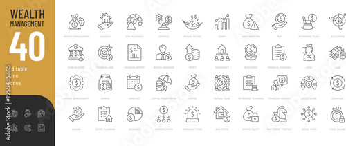 Wealth Management Line Editable Icons set. Vector illustration in modern thin style of finance related icons: property, finance planning, dividends, and more. Isolated on transparent background.