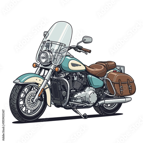 Vintage motorcycle with leather saddlebags and windshield, isolated on white