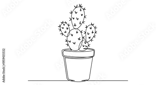 Single-line drawing of a spiky cactus in a simple pot
