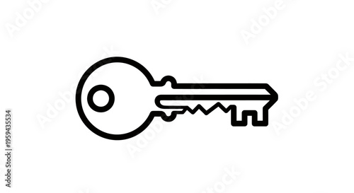 A minimalist black and white outline of a key with a round head and jagged teeth