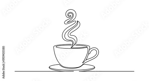 Simple line drawing of a steaming cup of coffee on a saucer