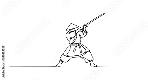 A single line drawing of a warrior in a traditional outfit, holding a sword