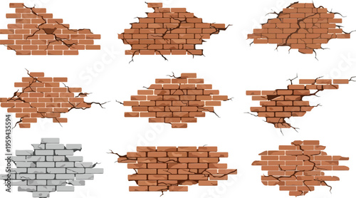 Collection of cracked and damaged brick wall textures with varying patterns and colors