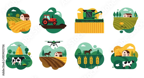 Agriculture and Farming Vector Illustration Set Featuring Tractors, Harvesters, Livestock, Smart Farming Drones, and Rural Landscapes in Flat Design Style