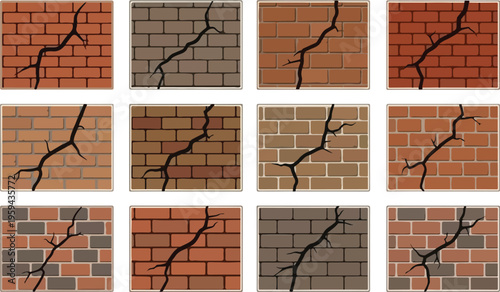 Set of illustrations depicting cracked brick walls in various colors and textures