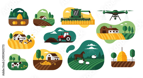 Agriculture and Modern Farming Vector Illustration Set Featuring Tractors, Harvesters, Agricultural Drones, Farm Animals, and Rural Landscapes