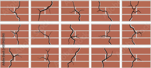 Set of various brick wall cracks and fissures, illustrating damage and imperfection