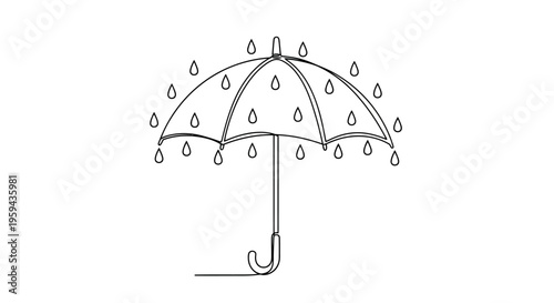 Outline of an open umbrella with many raindrops falling