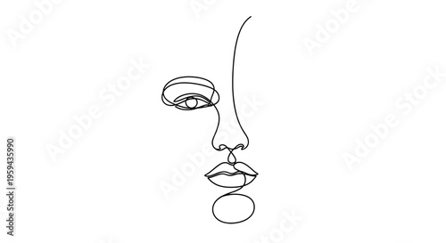 Minimalist single-line drawing of a partial face with striking eyes and lips