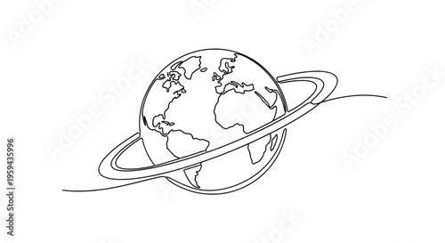 A minimalist black and white line drawing of a planet with rings