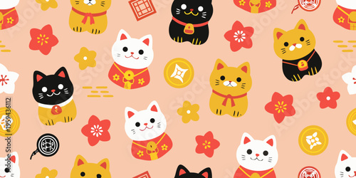 Playful maneki neko cats and floral patterns on a peach background