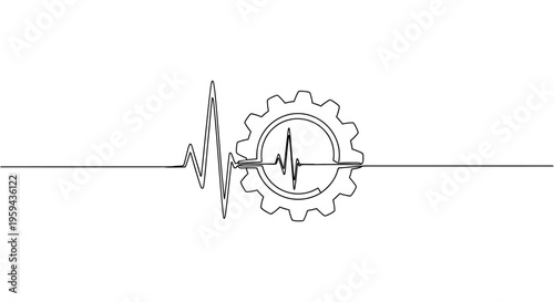 Conceptual representation of a heartbeat line interwoven with a cogwheel, symbolizing the integration of health and industrial processes in a modern technological context