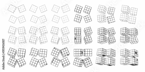 Isometric cube arrangements in varying stages of unfolding and assembly