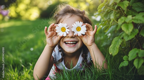 Happy Child Holding Daisy Flowers Over Eyes  Joy Nature and Summer Fun